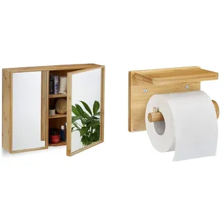 Relaxdays Bad Spiegelschrank 2-türig, Wandschrank aus Bambus, 50 x 65 x 14 cm, Natur & Toilettenpapierhalter mit Ablage, für Handy & Feuchttücher, Bambus Klopapierhalter, HBT 12x16x10,3 cm, Natur