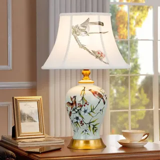 Mengjay Tischlampe Vintage Keramik, Schlafzimmer Nachttischlampe Plissee Lampenschirm Gemalt Blau Und Weiß Porzellan Lampe Körper Chinesische Schreibtischlampe, Wohnzimmer/Arbeitszimmer/Esszimmer (A)