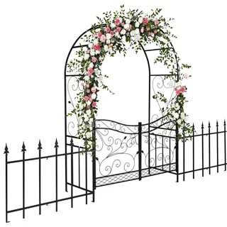 LEADZM Rosenbogen mit Tür und Zaun – 348x58x220 cm – Stabile und wetterfeste Metall-Rosenbogen für Kletterpflanzen, Garten und Hochzeit, Schwarz