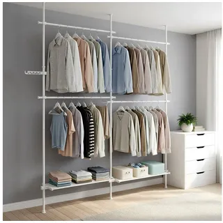 SONGMICS Kleiderständer deckenhoch, 3-stufige Garderobe, höhen und breitenverstellbar, offener, (mit abnehmbarer Ablage), Garderobenleiste, Greifarm, bis 92,5 kg belastbar, 238 x 208 x 33.5 cm weiß 238 cm x 208 cm x 33.5 cm