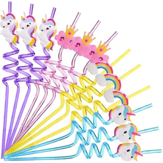 Einhorn Kinder Strohhalme – 12er Set wiederverwendbare Spiral Trinkhalme aus Kunststoff – Bunte Strohhalme für Kindergeburtstag, Party Deko, Schule & Feiertage