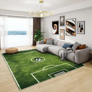Fußballfeld Teppich - Teppich Wohnzimmer Schlafzimmer Fußballplatz, Großer Teppich Fußball Jungen, Weich Kurzflor & Waschbar & Rutschfest Wohnzimmerteppich, Kinderteppich, Bettvorleger 100x200 cm
