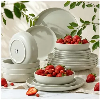 KONSIMO® Tafelservice VICTO Geschirrset hergestellt in der EU (18-tlg), 6 Personen, Steingut, spülmaschinengeeignet, mikrowellengeeignet, matt, rund beige|grau|grün