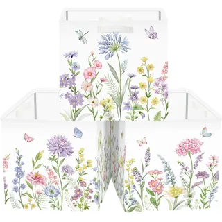 Clastyle 3 Stück Blumen Aufbewahrungsbox Stoff für Kallax Faltbar Aufbewahrungskorb Klein Schrank Organizer Kleiderschrank für Regal, Bunte Blumen, 30x30x30 cm