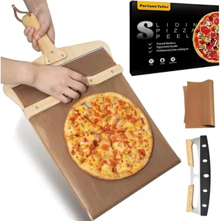 Pizzaschieber Gleitschieber 12 Zoll / 30cm - Antihaft mit Pizzaschneider Wiegemesser - 300°C hitzebeständig, 55cm Bambusgriff - Abnehmbares Pizza-Übertragungstool für Innen & Außen