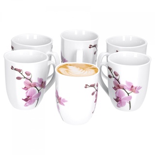Van Well 6er Set Kaffeebecher Kyoto, 300 ml, 85 x 85 mm, Jumbo-Tasse, große Kaffeetasse, Porzellan-Becher XL, Blumen-Dekor Orchidee, rosa-rot, pink, Gastro