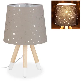 Relaxdays Tischlampe Kinderzimmer, Sterne, Jungen & Mädchen, E14, runder Stoffschirm, 40 cm hoch, grau