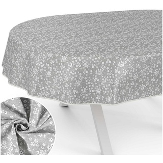 ANRO Tischdecke aus Stoff mit Blumen Pflanzen wasserabweisend Tischtuch Tischwäsche, mit Acryl Beschichtung grau Oval - 140 cm x 220 cm x 0.31 mm