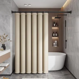 ANAZOZ Duschvorhang Beige 300x200, Duschvorhänge Polyester Waschbar Anti Schimmel Badevorhang Leinenoptik mit Hacken