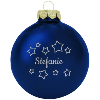 Deitert Weihnachtskugel mit Namen oder Wunschtext graviert, Ø 8cm, personalisierte Christbaumkugel aus Glas (glänzend), individueller Weihnachtsbaumschmuck mit Gravur, Sternen-Motiv, Blau
