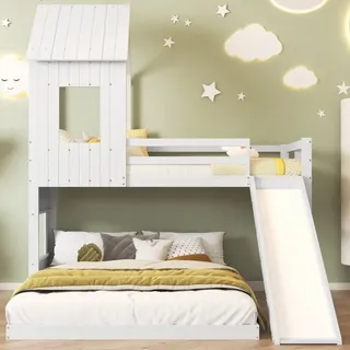 Okwish - Etagenbett mit Rutsche, Hochbett, Kinderbett, mit Absturzsicherung, mit Fenster und Dach, mit dreistufiger Leiter, Kiefer + mdf, weiß,