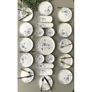 Hermia Concept, Frühstücksset (21 Teile), 100% Keramik, Blau und Weiß | 1 großer Servierteller (24x24 cm), 12 Servierteller (20x20 cm), 4 Schal... - Blau/Weiß