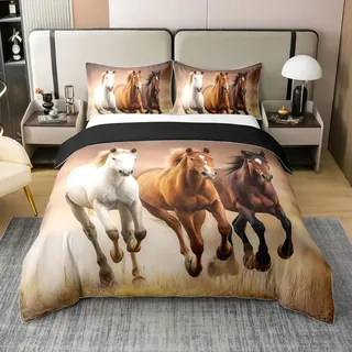 Homewish Baumwolle Pferd Bettbezug 155x220 Cabin Braun Pferd Bettwäsche Set | für Cowgirl Bauernhaus Galoppierendes Pferd Tröster Abdeckung Rustikale Tribal Stil Western Cowboy Bett Sets mit1 Kissenbezug