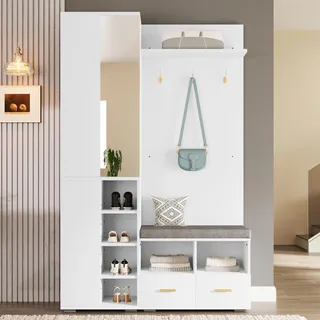 Merax Garderobenset Flurgarderobe 120x35x190 cm, Garderobenschrank Flur mit Spiegel & Schuhbank, Wandgarderobe mit Kleiderstange, durchbrochenem Regal, 3 Haken, 2 Schubladen, Ablagefach, Weiß