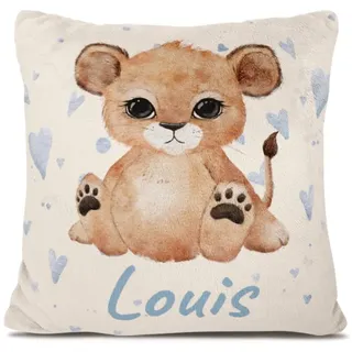 Personalisedog Fleece Baby Kissen mit Löwenjunge, Name und Motivfarbe | Namenskissen Geschenk zur Geburt oder Taufe Wunschame & Löwe-Motiv für Junge Mädchen (Löwe Herzen)