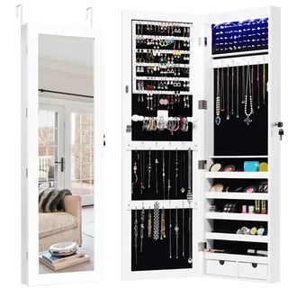 HOMASIS Spiegel Schmuckschrank mit LED und Schloss, Schmuckschrank mit Spiegel in voller Form, Schmuckaufbewahrung mit Spiegel, Schmuckhalter, Haken 4,6 cm, Weiß
