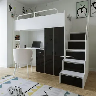 Marlux-Meble Hochbett JSM-4 80x190 mit Kleiderschrank Schreibtisch und Treppe Hochglanz Kinderbetten Funktionsbett Etagenbett Stockbett Kinderhochbett Jugendhochbett (Schwarz Glanz)