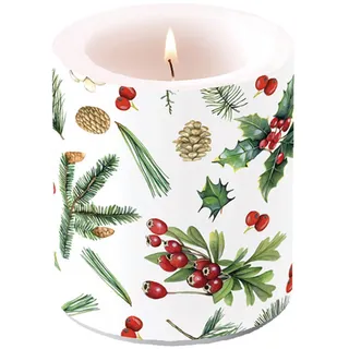 Ambiente Kerze Stumpenkerze Lampionkerze 9 cm hoch Brenndauer ca 35h Weihnachten Advent Ilex Stechpalme Zweige Winter greenery