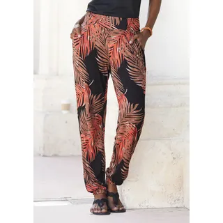 Strandhose LASCANA Gr. 36, N-Gr, braun (braun, orange) Damen Hosen Strandhosen mit Palmenblätterdruck und Taschen, leichte elastische Jerseyhose