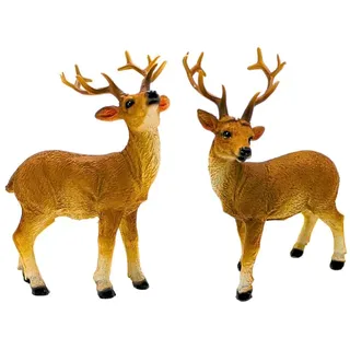 Detailgetreues 2er Set Hirsche, Deko-Rentiere, Deko-Rehe mit detailiertem Geweih, Rehfiguren, Rentierfiguren, stehende Hirsche aus Keramik in braun; Maße Einer Dekofigur Hirsch: L/B/H 8 x 5 x 13 cm.