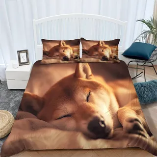 Srigzcaly Tier Shiba Inu Bettwäsche-Set 240x220 cm, 3teilig Mikrofaser Braun Bettbezug für Kinder Teenager Mädchen, Weich Leicht Bettset Wohndekor mit Reißverschluss und 2 Kissenbezug 80x80cm