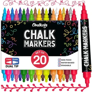 Chalkola 20 Kreidestifte für Tafel abwaschbar mit Doppelspitze 1mm und 5mm | Kreidemarker bunt | Fensterstifte abwaschbar Kinder Glasmalstifte Spiegelstifte Tafelstifte | Kreidemarker abwischbar