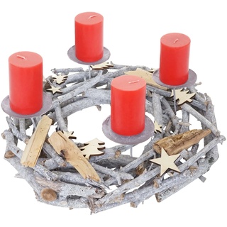 Adventskranz rund, Weihnachtsdeko Tischkranz, Holz Ø 40cm grau - mit Kerzen, rot