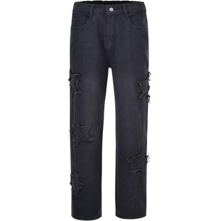 KIKI Loungepants Damen Vintage Star Patchwork Baggy Jeans Hoch Taillierte Hose M