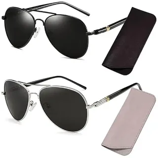 Osuter 2 Polarisiert Fliegerbrille, UV400 Sonnenbrille mit Etui für Fahren | Polarisierte Linsen gegen Blendlicht, UV400 UVA/UVB Schutz, 2er Set mit Etuis, Piloten Design für Fahren, Angeln & Outdoor - 141*48mm