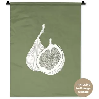 MuchoWow Wandteppich Feigen - Minimalistisch - Gezeichnet - Moosgrün, Rechteckig, Höhe: 3 mm, Wandtuch für Wohnzimmer, Schlafzimmer, 60x80 cm Rechteckig | 60 cm x 80 cm x 3 mm