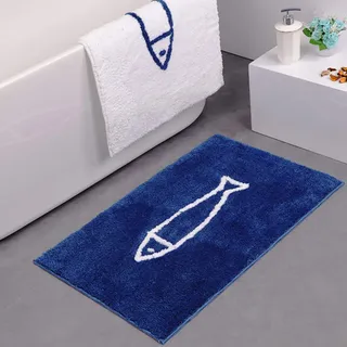 JameStyle26 Badematte rutschfest blau weiß Fisch Muster schnelltrocknend blau 45x65cm