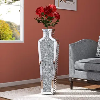 SHYFOY Verspiegelt Bodenvase Groß 68 cm Hoch, Bodenvase Glas mit Luxuriösen Kristalldiamanten, Spiegelfläche, MDF-Struktur, Deko vasen XXL für Kunstpflanzen und Pampasgras, Silber
