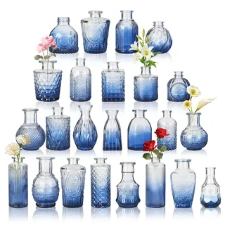 Kleine Vasen für Tischdeko, Vintage Mini Blumenvasen, Glasvasen für Hochzeit, Babyparty, Wohnungsdeko, Kleine Dekovasen für Blumen Pflanzen oder Geschenk,Blau 24er Set