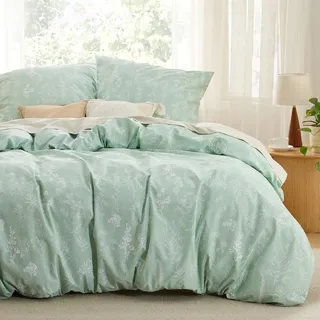 BEDSURE Bettwäsche 155x220 Baumwolle Grün - Bettwäsche-Sets 155 x 220 cm Bettbezug 3teilig mit 2 Kissenbezüge 80x80 cm, ÖKO-TEX Wendebettwäsche Bedding Pflanzen Blumen Muster mit Reißverschluss