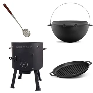 SET Kukmara Uchag Utschak 40cm mit BRIZOLL 15 Liter Kasan Kazan aus Gusseisen + GRILL Pfannendeckel Feldküche Gulaschkessel FeuerOfen Outdoor dutch oven