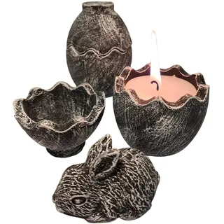 Generisch Ostern Deko, Ostereikerze &Osterhase Figur,2er Set Osterdeko, handbemalt, detailreich gestaltet, aus Beton in Schwarz-Weiß