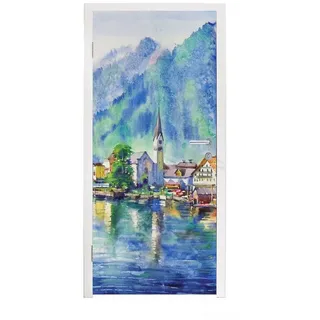 MuchoWow Türtapete Gemälde - Ölfarbe - Haus - Berge - Wasser, Matt, bedruckt, (1 St), Türfolie Selbstklebend, Türtapete, Türdeko Poster, 95x235 cm bunt 95 m x 235 m