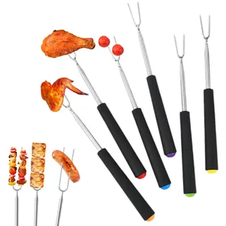 OUDQFCJ 6 Stück Grillspieße Teleskop Marshmallow, Roasting Sticks, Lagerfeuer Grillgabel, Lagerfeuerspieße Edelstahl Ausziehbar, mit isolierten Griffen für Camping, Gartenparty, Grillparty