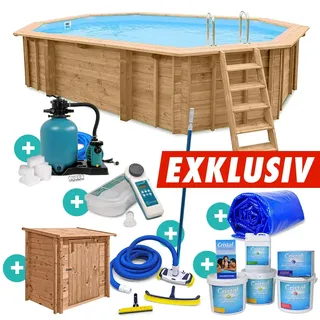 Holzpool Oval Bali 8-Eck Komplettset inkl Sandfilter Pumpenhaus Wasserpflege
