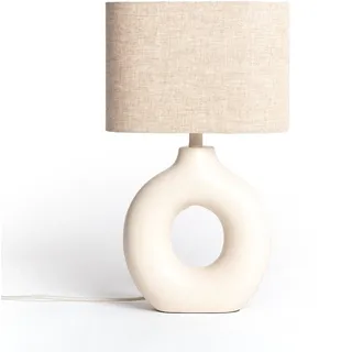 LEDKIA Tischlampe Keramik und Stoff Memphis Beige | E27 Fassung bis 40W | Handgefertigt | Boho-Chic Stil | Innenbeleuchtung IP20