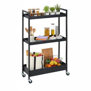 Relaxdays Nischenwagen, 3 Ebenen, Mesh-Design, HBT: 85 x 20 x 50 cm, Badezimmer, Küche, Metall, Rollwagen, schwarz