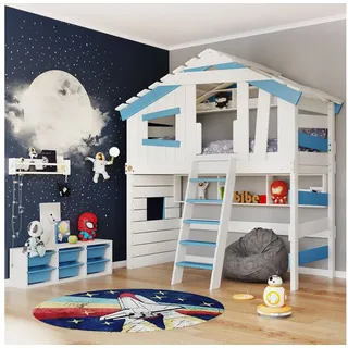bibex Hochbett ALPIN CHALET Hochbett, Kinderbett, Doppelbett, Hausbett - Blau/Weiss