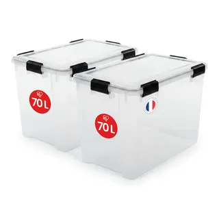Iris Ohyama Luftdichte Kunststoff-Aufbewahrungsboxen mit Deckel, 70L, 2er-Set, Transparent, Hermetischer wasserdichter Verschluss, Robuste Schnappverschlüsse, Stapelbar, Staubschutz, BPA-frei, WSB-70