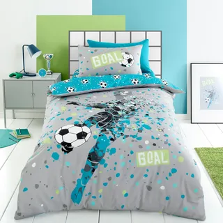 Bedlam Bedding Bettbezug für Doppelbett (200 x 200 cm), wendbares Fußball-Set, 2 Kissenbezüge, Fußball-Schlafzimmer-Zubehör, Kindersportmotiv, Grau