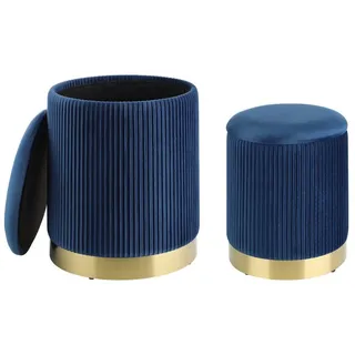 EGLO Living 2er Set Hocker mit Stauraum Mashike, elegante Sitzhocker, runde Couch Beistellhocker, Pouf aus Samt in Blau und Metall in Gold, Samthocker ø