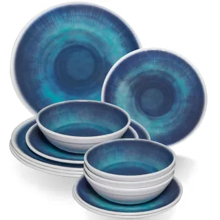 Melamin Geschirr Set Jesolo Blau für 4 Personen - 12 Teile - Steingutoptik Spülmaschinengeeignet Essgeschirr Campingzubehör Campinggeschirr Wohnwagen Camping Festival Picknick Gartenparty