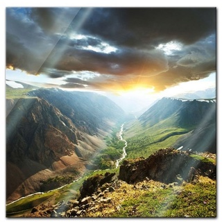 Bilderdepot24 Glasbild, Berge mit Sonnenuntergang bunt 50 cm x 50 cm