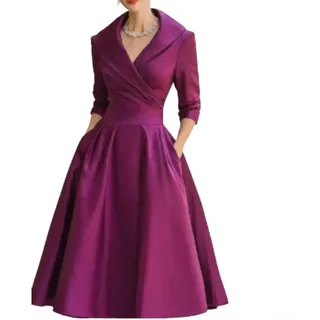 Damen Satin A-Linie Abendkleid, Elegantes Langes Ärmel V-Ausschnitt Cocktailkleid für Hochzeitsgäste mit Umlegekragen in Aprikose Schwarz Weinrot (XL Purpurrot)