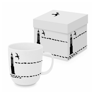 ppd Paperproducts Design PPD - 161402207 - Kaffeebecher, Vague Matte, Leuchtturm und Vogel, schwarz, weiß, New Bone China, mit Geschenkkarton, H: 10cm, D: 9cm, 400ml