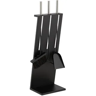 Relaxdays Kaminbesteck, 4-teiliges Set, Schürhaken, Ascheschaufel, Ofenbesen & Ständer, Kamingarnitur modern, schwarz